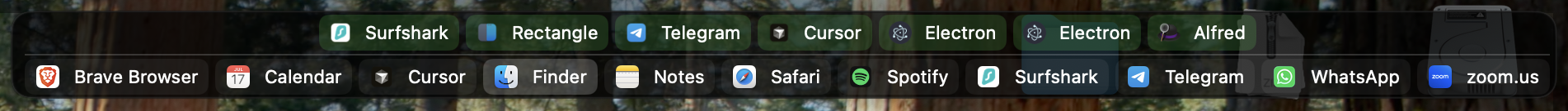 ChocolateBar's strip below the macOS menu bar, showing hidden status icons and open app windows in a single row.